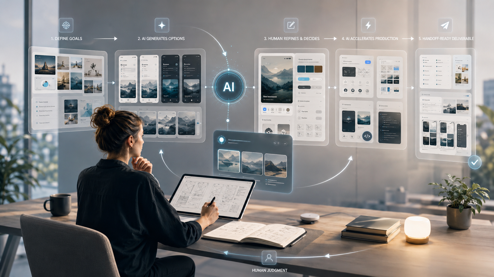 Creative team using AI-assisted tools across research, visual exploration, interface design, and production