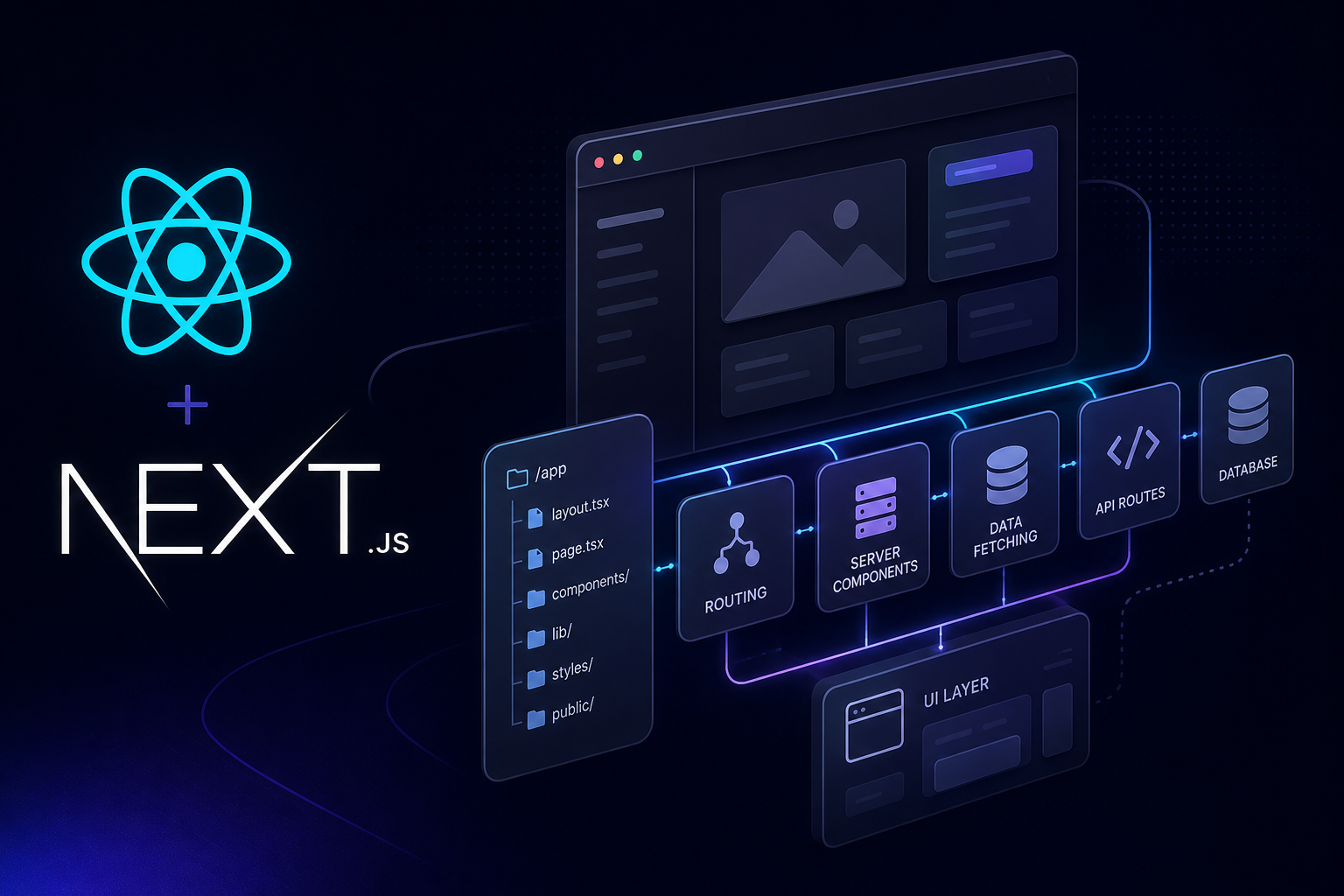 A modular React and Next.js web application architecture showing features, components, data, and services