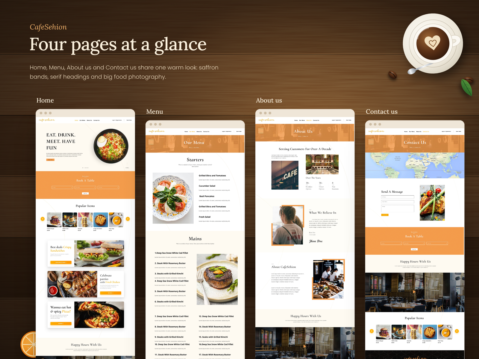 CafeSehion all four pages — Home, Menu, About, and Contact — overview