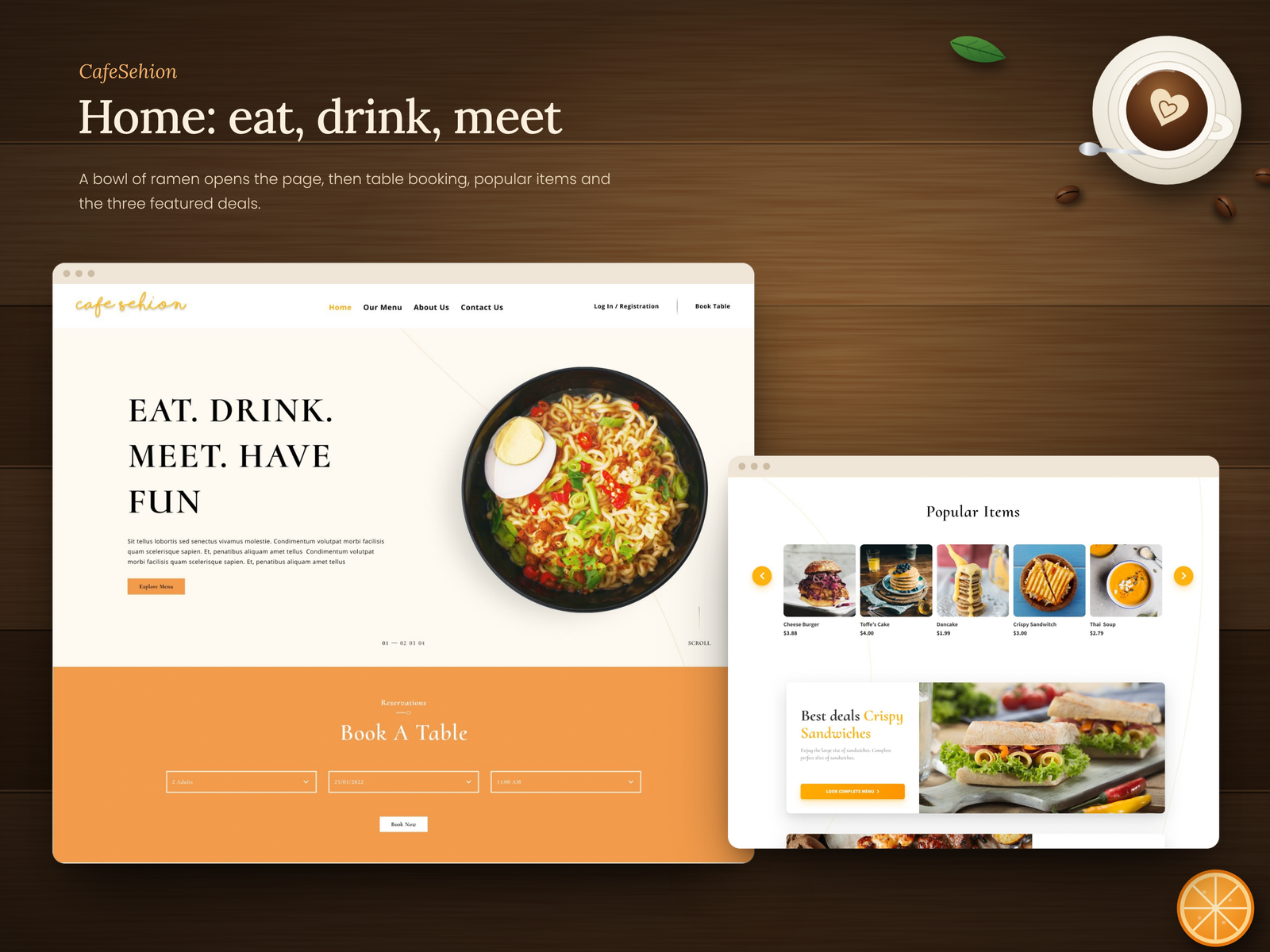 CafeSehion homepage with hero, table booking, and popular dishes