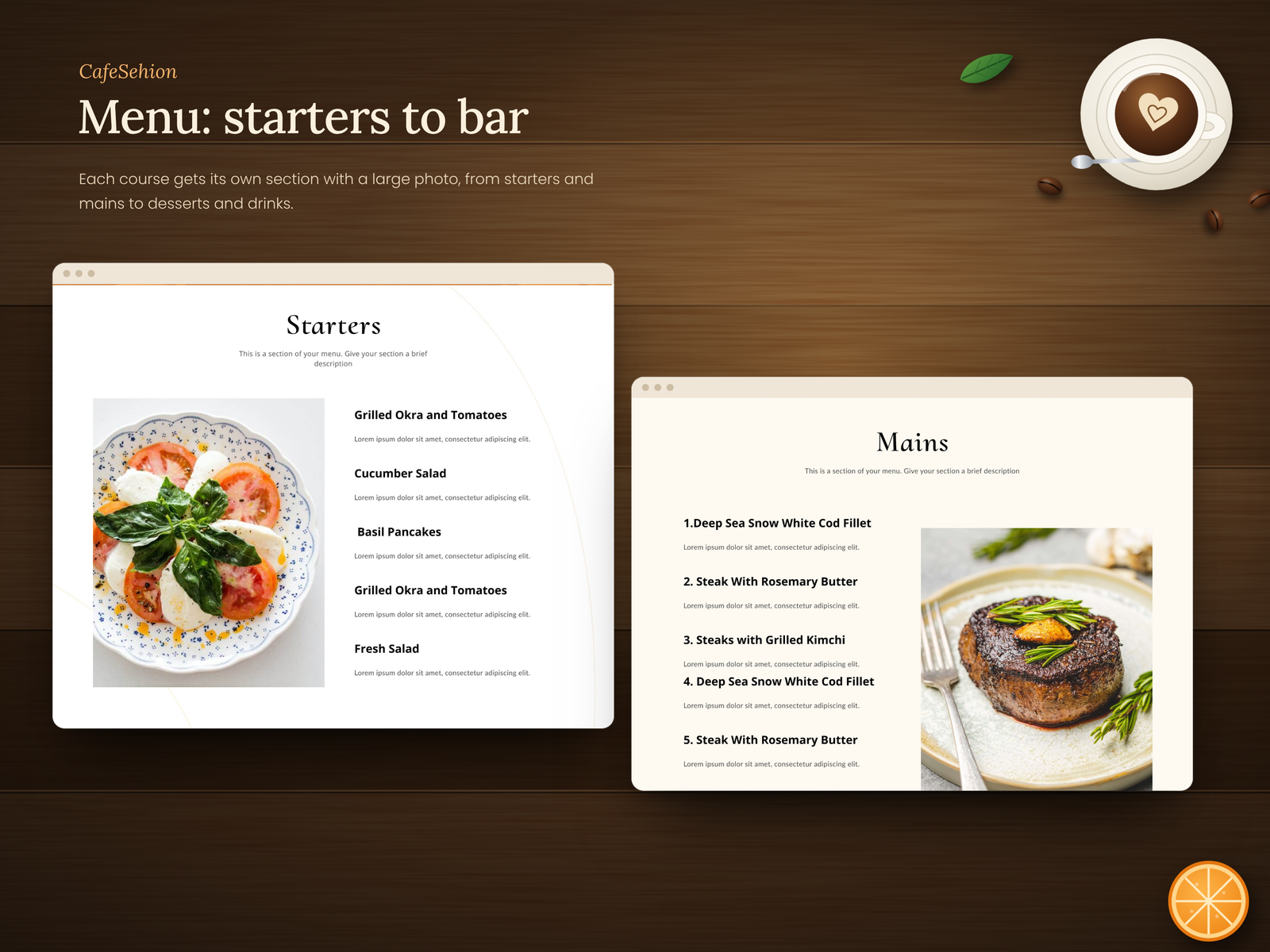 CafeSehion menu page with food categories and items