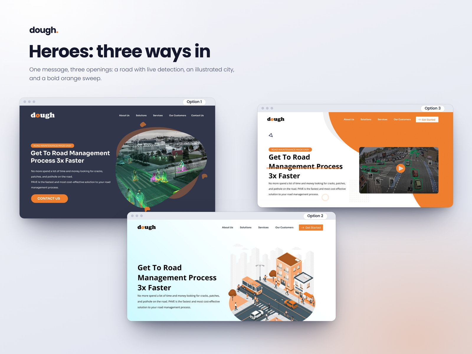 PAVE homepage hero sections across three design directions