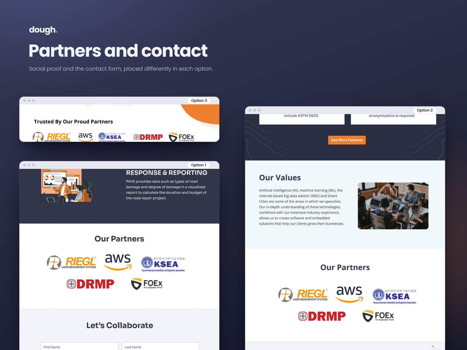 PAVE partners and contact section across the three design directions