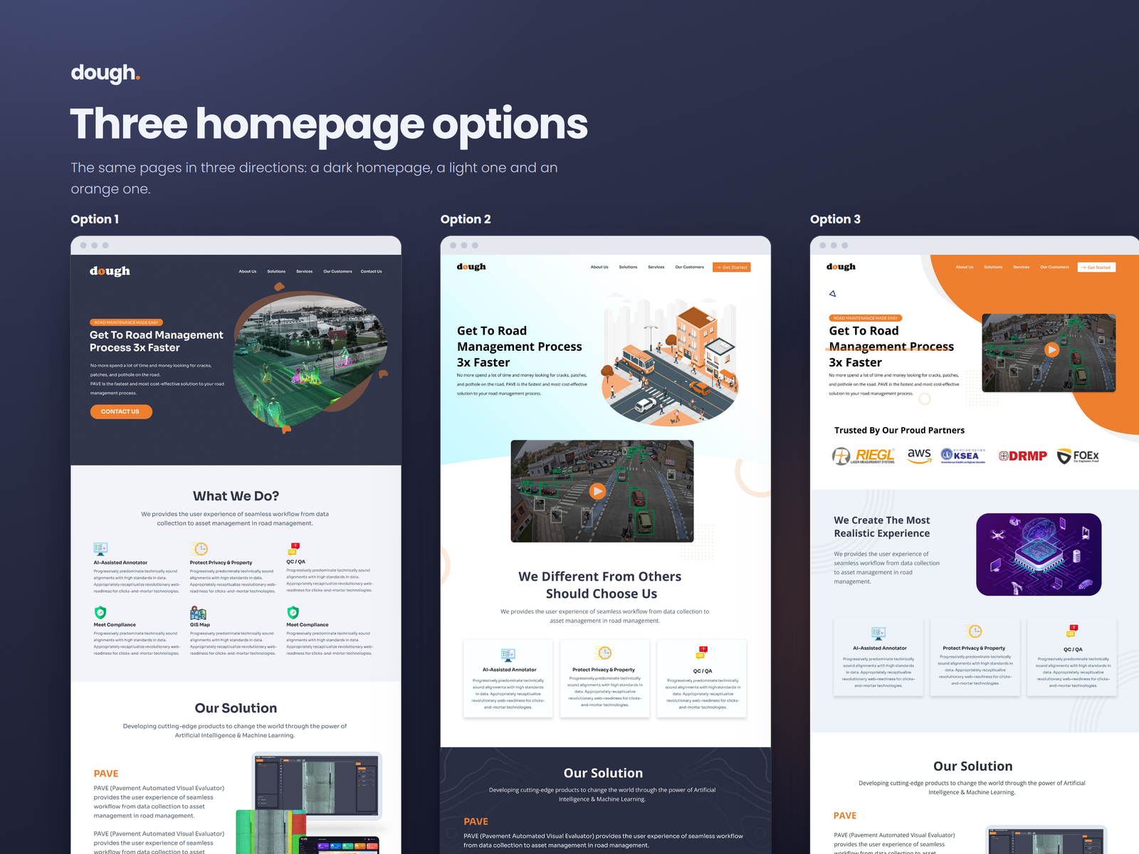 All three PAVE homepage design directions shown side by side