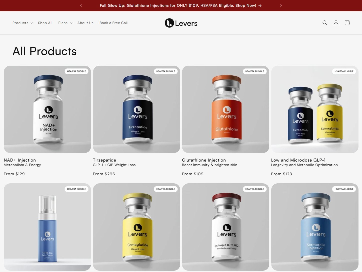 Levers Health all products listing page
