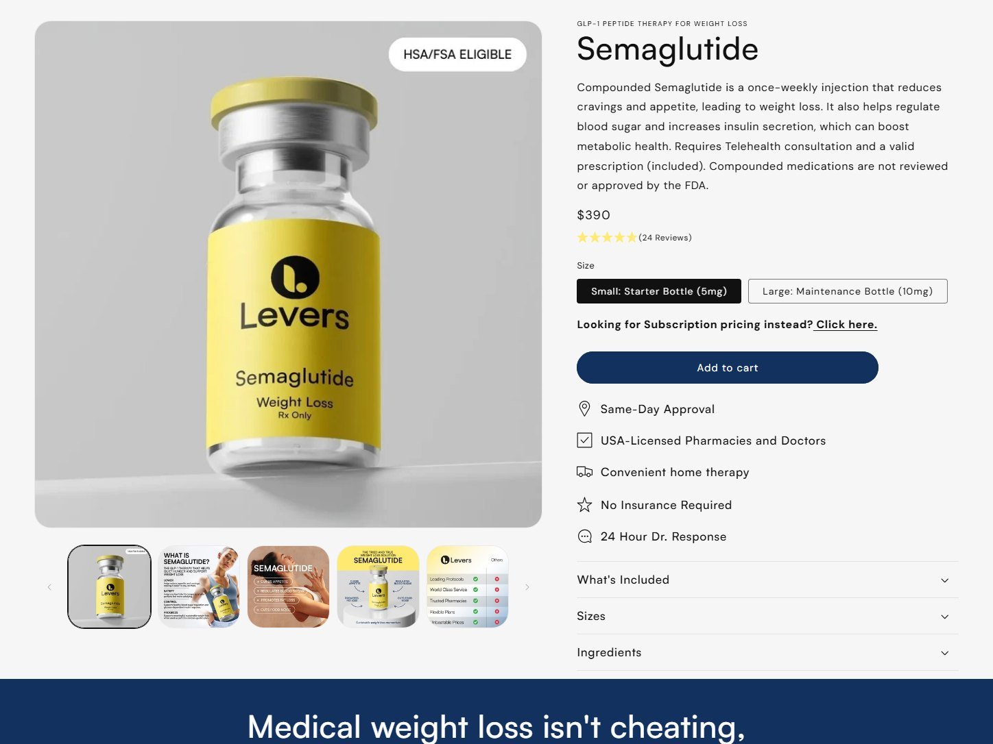 Levers Health product detail page with size selector and add to cart