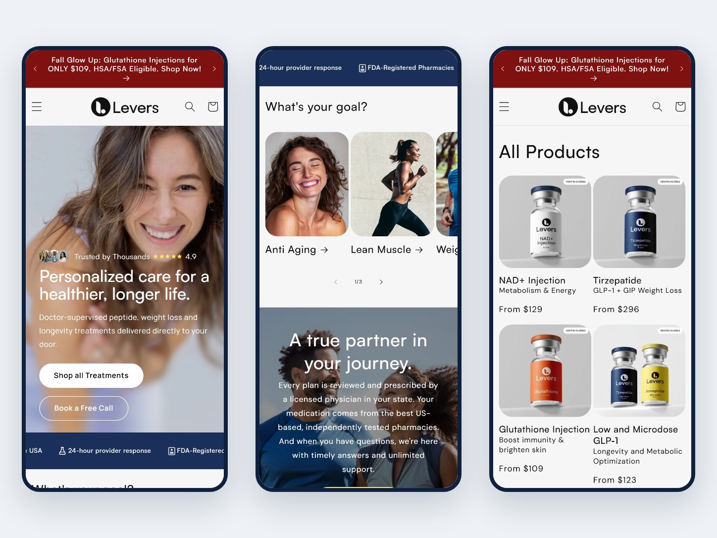 Levers Health storefront on mobile: homepage, goal selector, and product listing