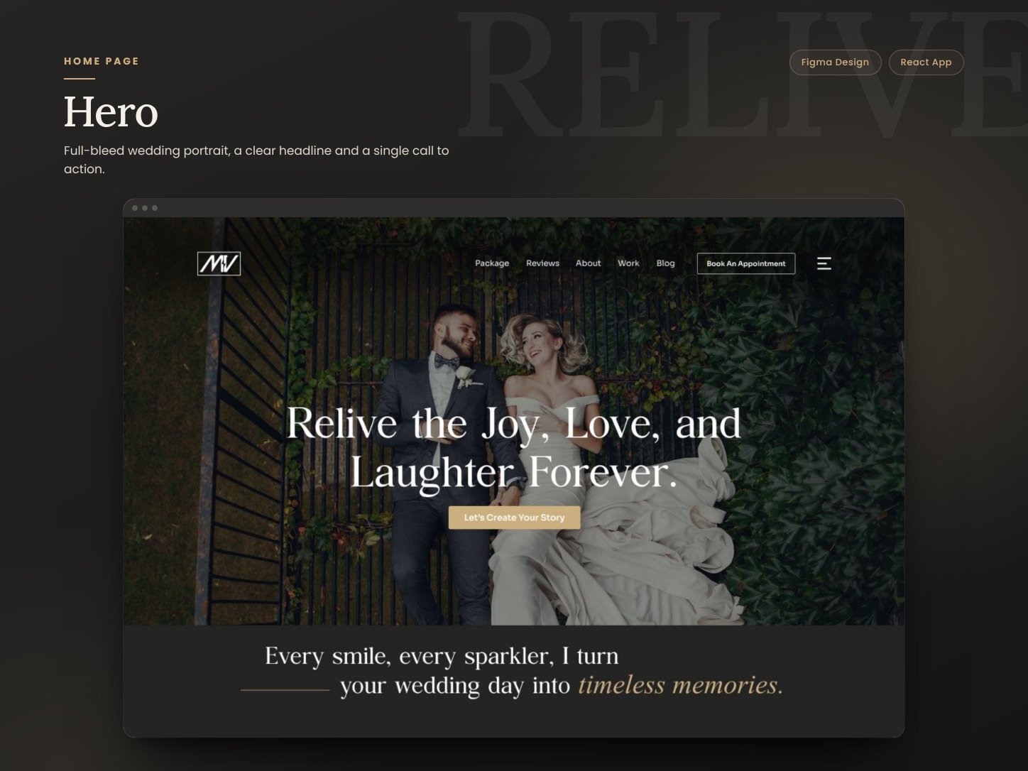 Mian Visuals homepage hero with a full-bleed wedding portrait and call to action