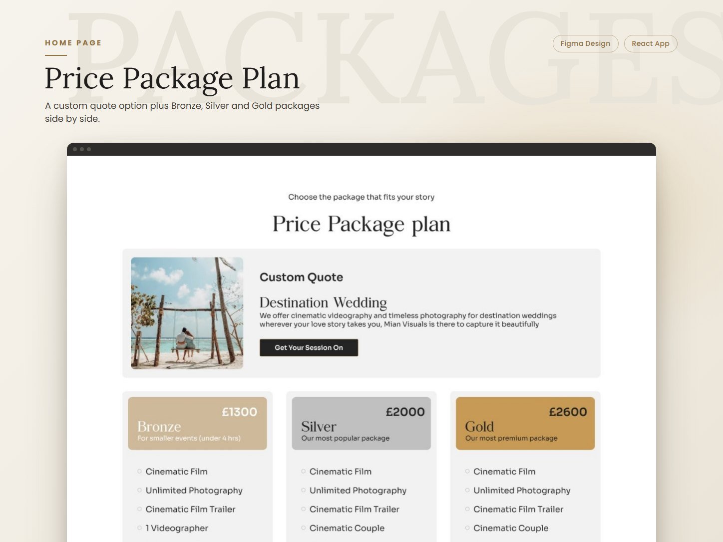 Mian Visuals price package plan with custom quote, Bronze, Silver, and Gold packages