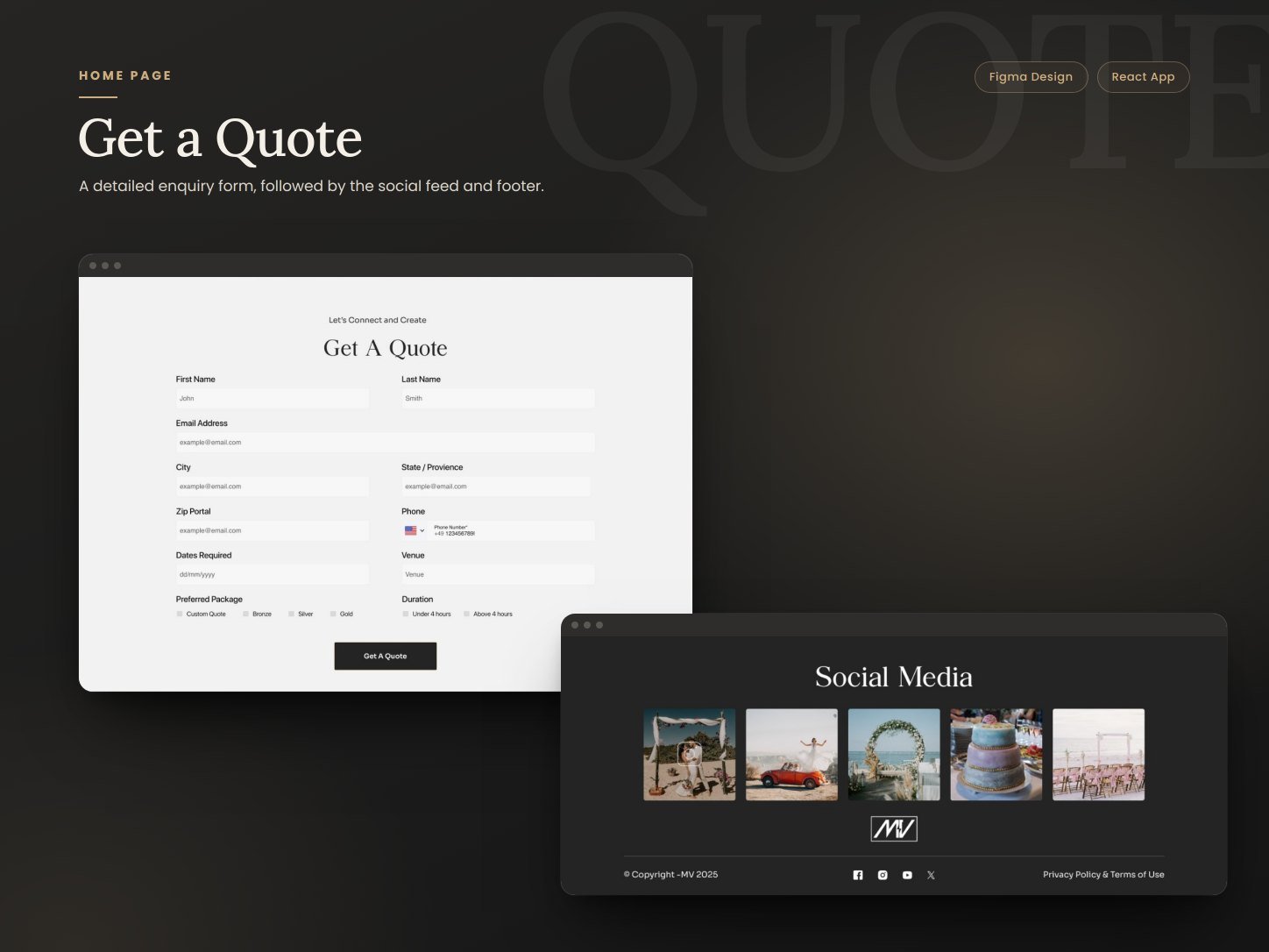 Mian Visuals get a quote enquiry form and social media footer