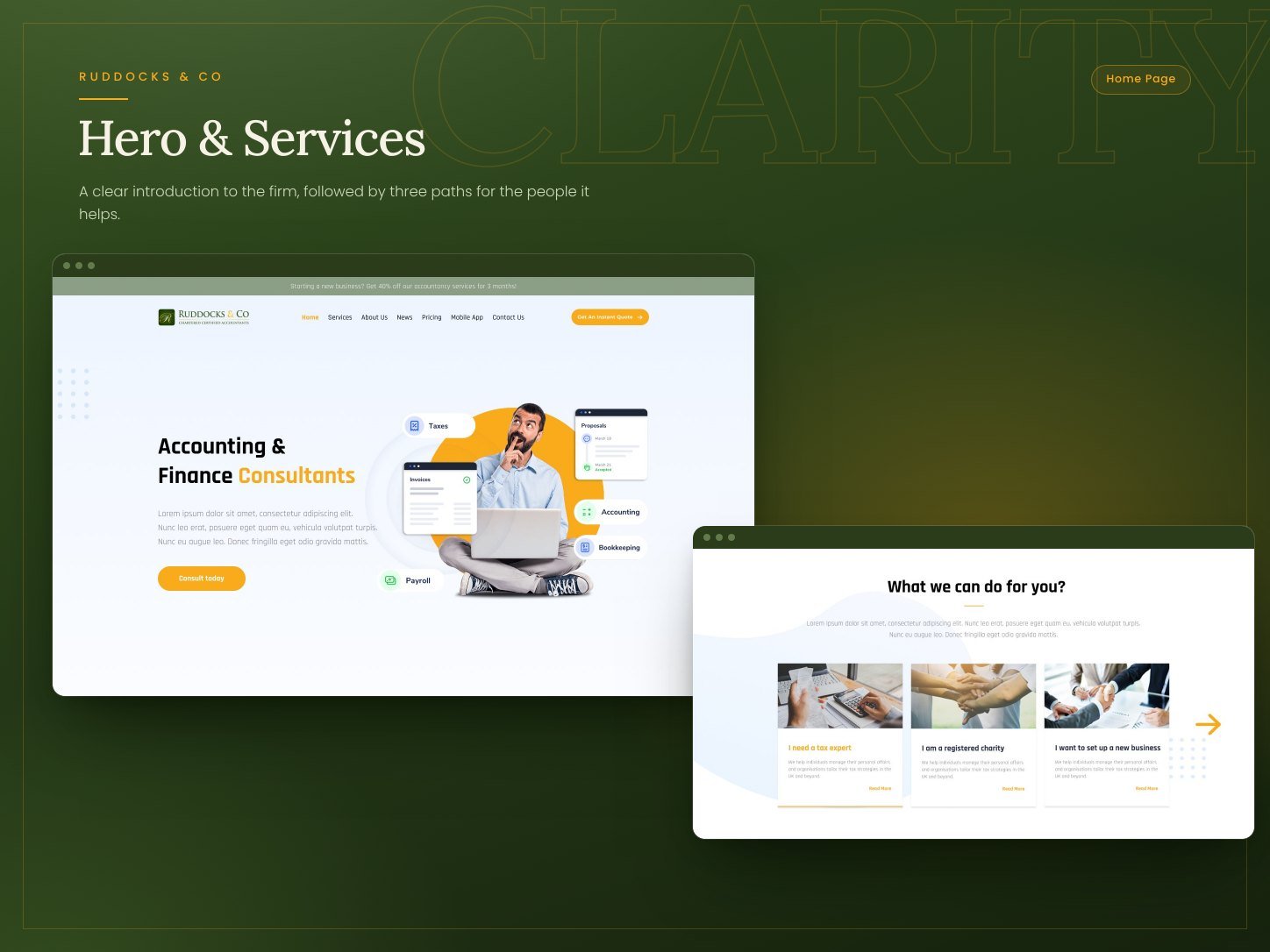 Ruddocks & Co homepage hero and the services section for tax, charity, and new business clients