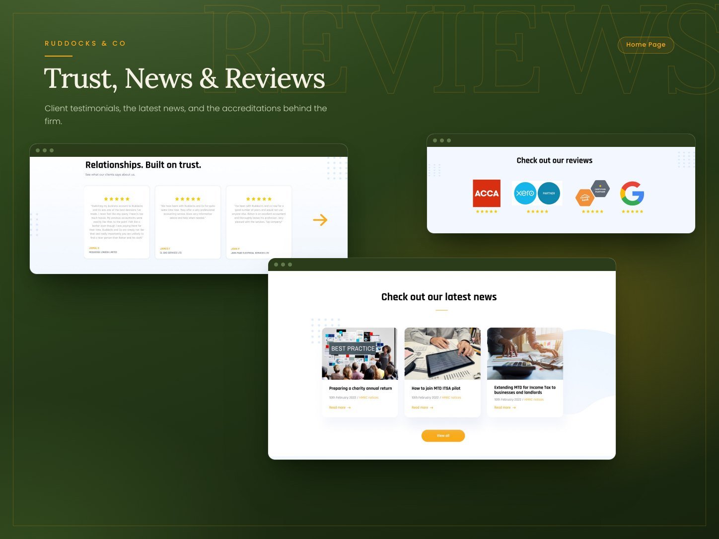 Ruddocks & Co client testimonials, accreditations, and latest news sections