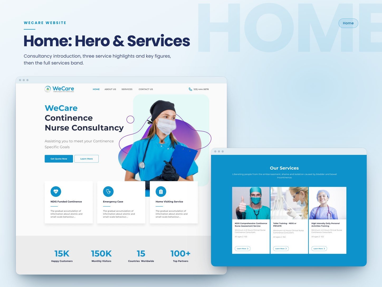WeCare homepage hero, service highlights, and services band