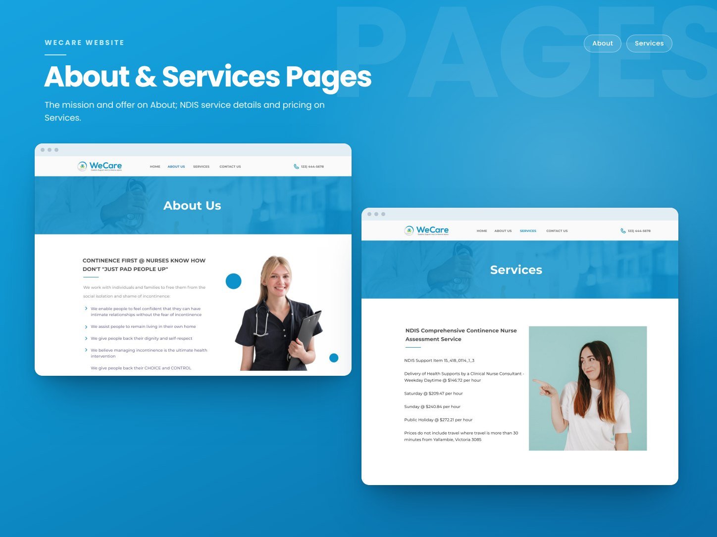 WeCare about page and services page