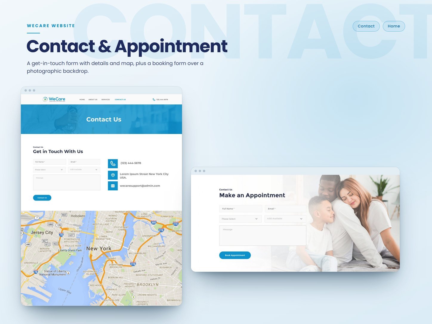 WeCare contact page with form and map, and the make an appointment form