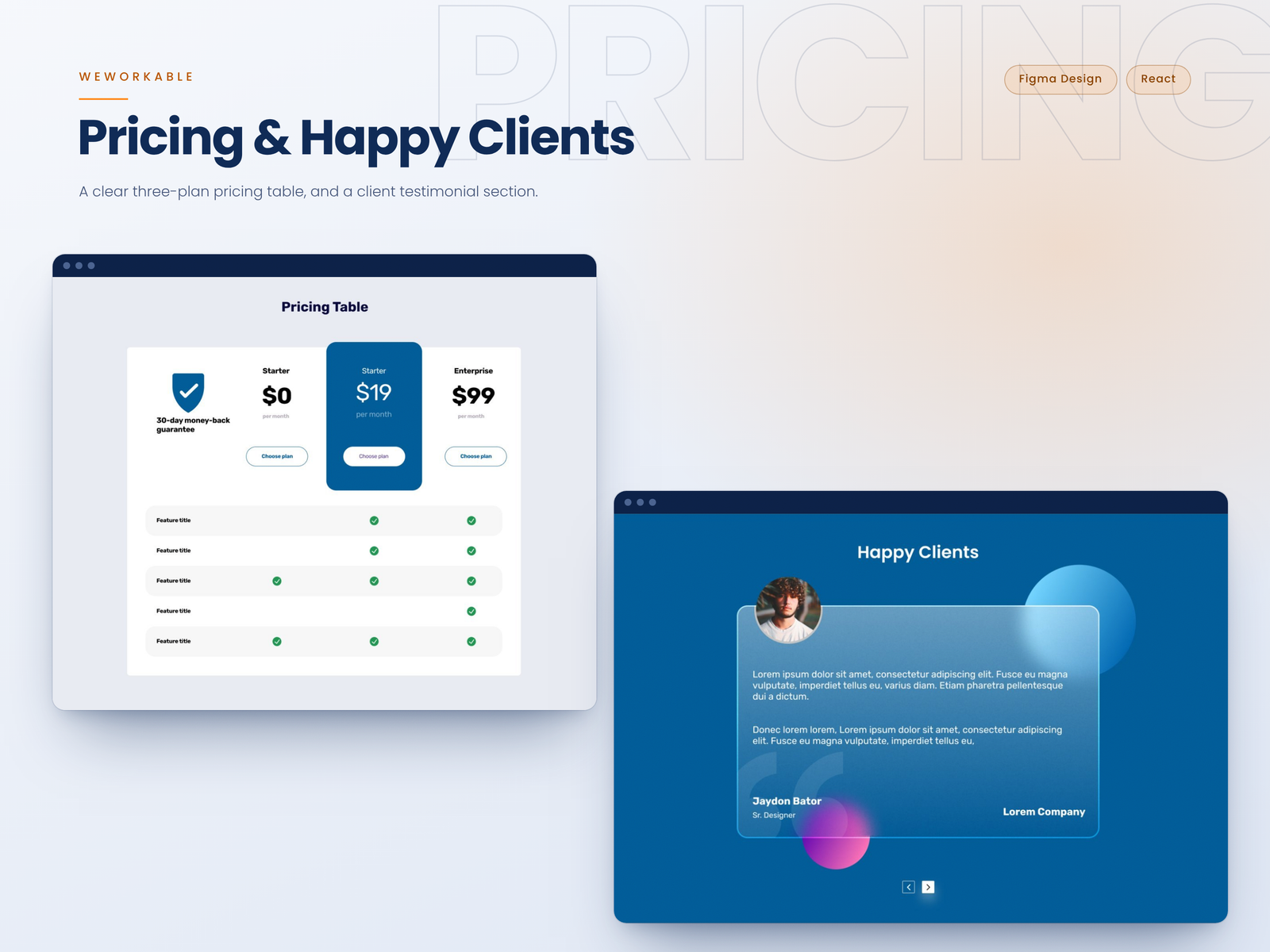 WeWorkable pricing table and client management screens