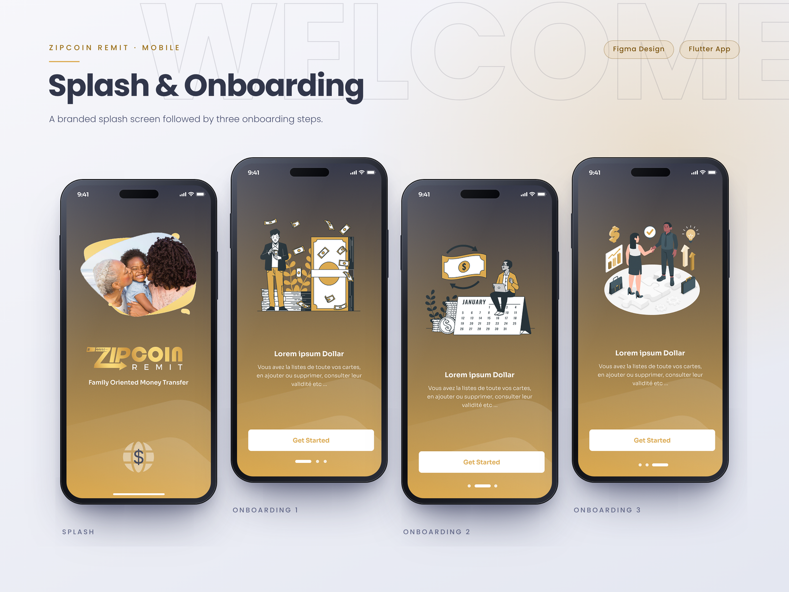 ZipCoin Remit mobile app splash and onboarding screens