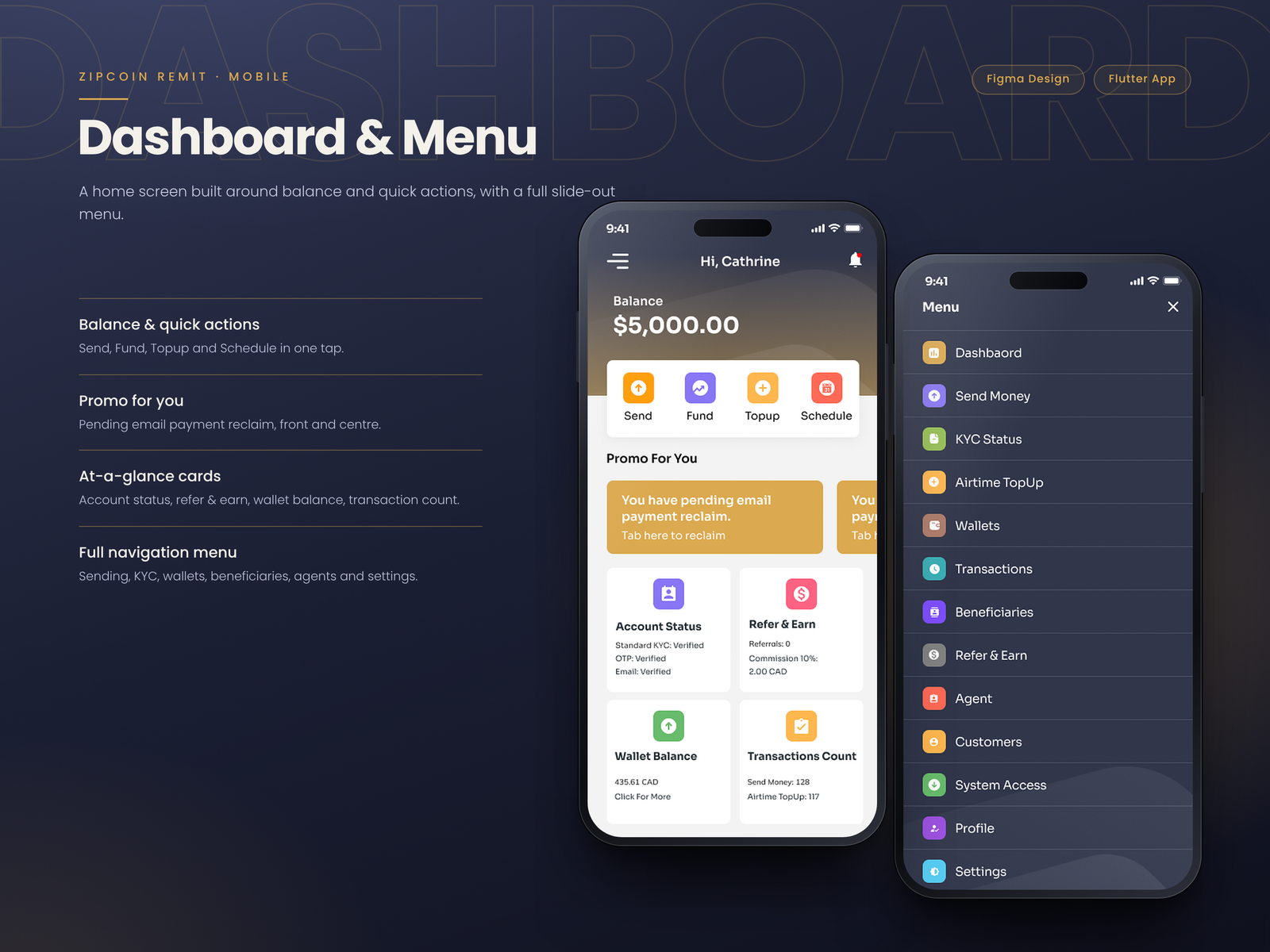 ZipCoin Remit mobile app dashboard and menu