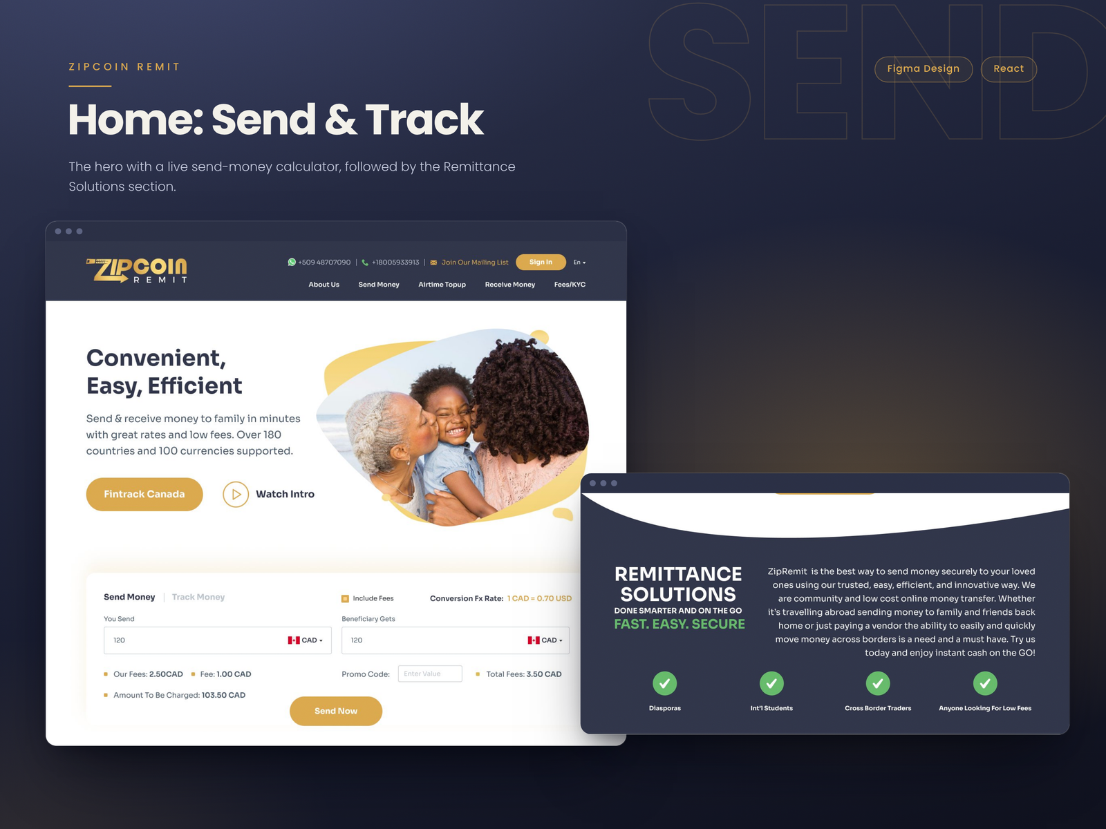 ZipCoin Remit web app home and send money screens